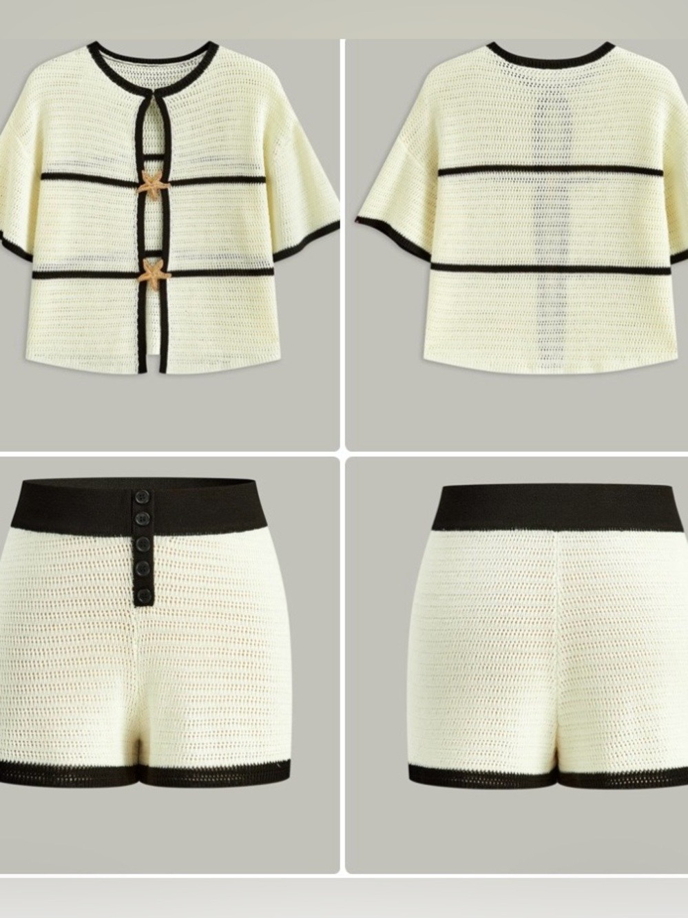 Commense Cream Knit Short-Sleeve Cardigan Shorts Set XS